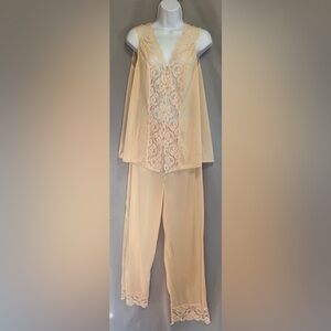 Nancy King Vintage 80s Lace Trim Beige Two Piece Pajama Set- Size‎ XL